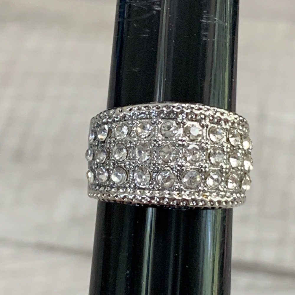 Silver Tone Rhinestone Pave Wide Band Statement Cocktail Ring Size 6.25